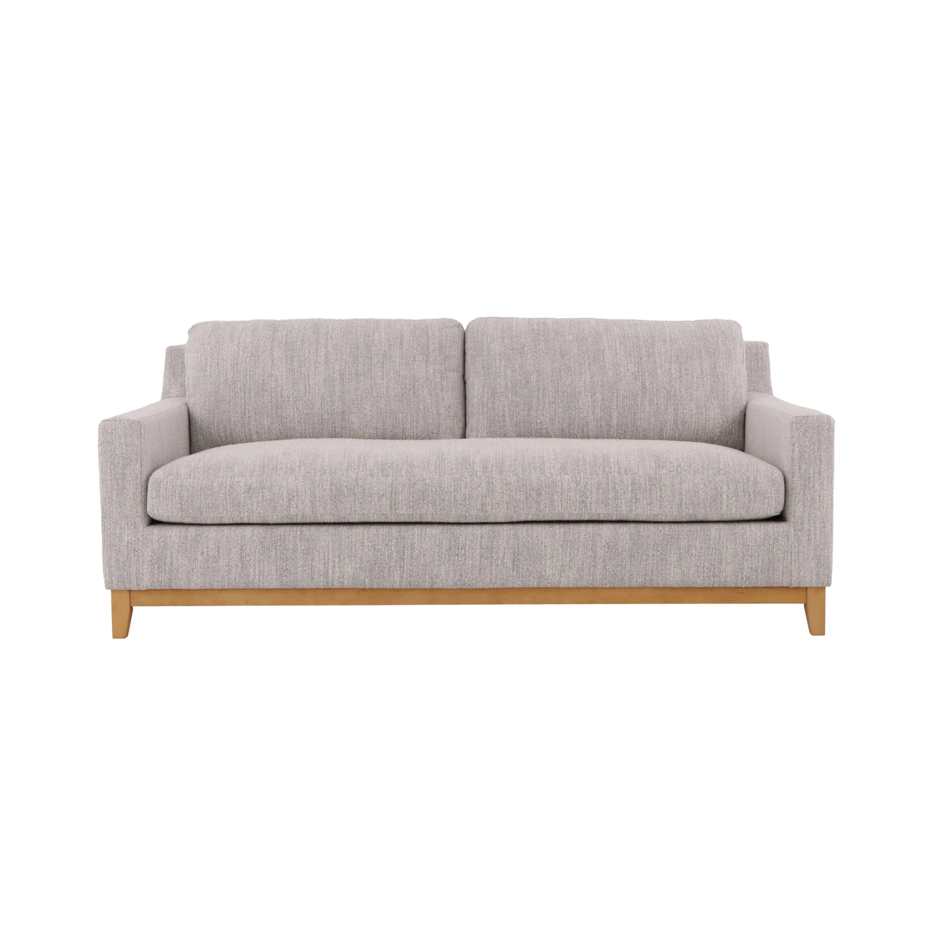Modern grey fabric sofa with pull-out feature and natural oak wooden frame