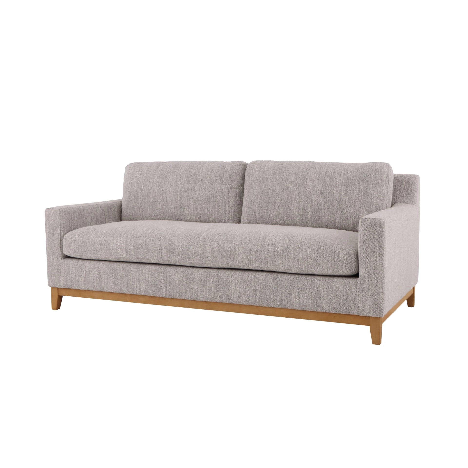 Tommy Pull-Out Wooden Sofa - light grey Leigh fabric upholstery and solid oak base, compact form, angled view
