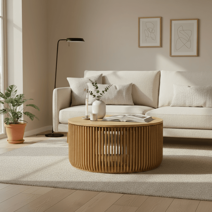 Natural Oak Coffee Table Franz with ribbed solid oak base and veneer top in a neutral living room, gallery position 1 without watermark