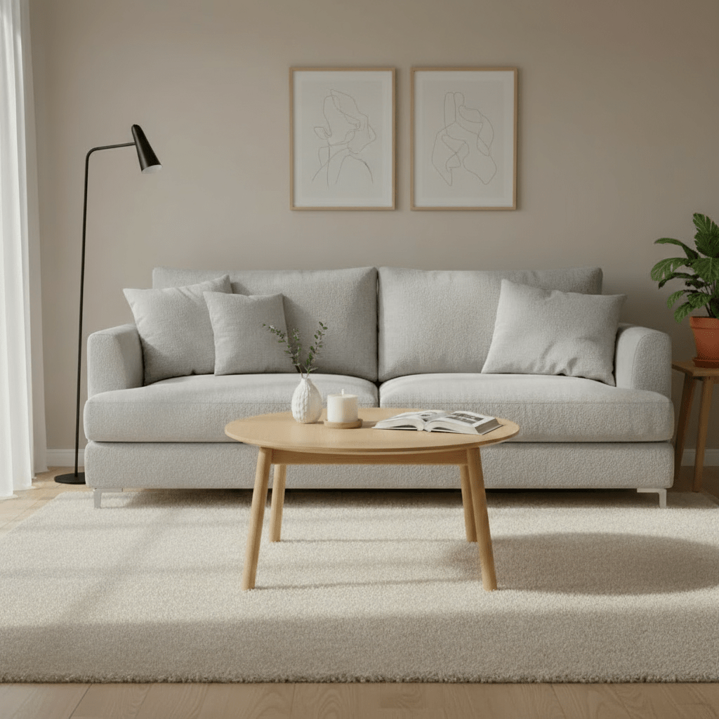 Celeste oak coffee table with minimalist design and high-profile hand-shaped legs