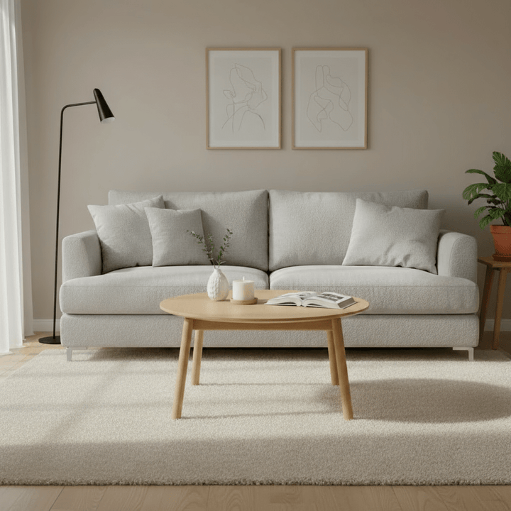 Celeste oak coffee table with minimalist design and high-profile hand-shaped legs