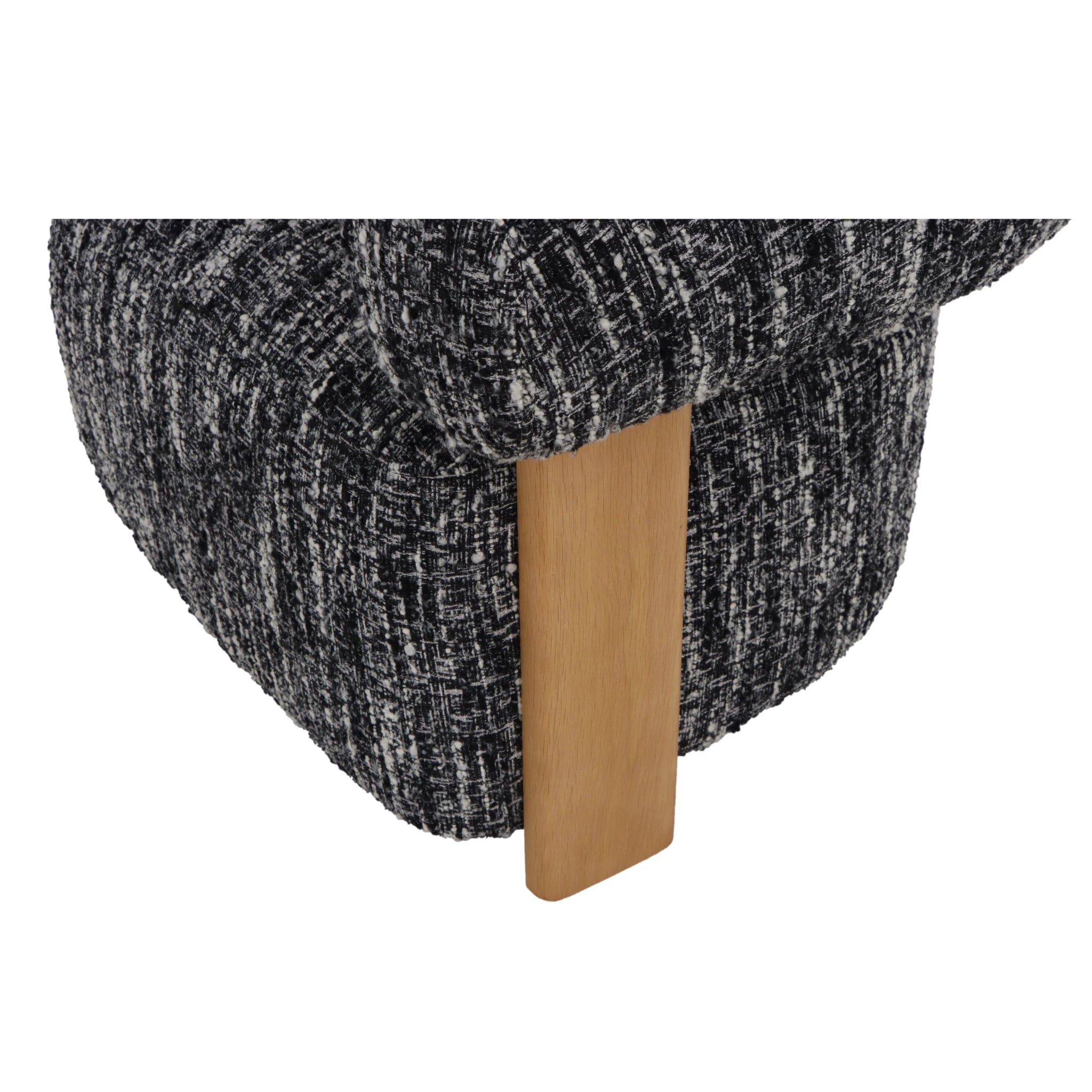 Nature – Black Fabric Armchair with Oak Legs close-up on textured black-and-white fabric and natural oak leg detail, gallery position 1, Tugitool-Nature-Must-kangas-6.webp