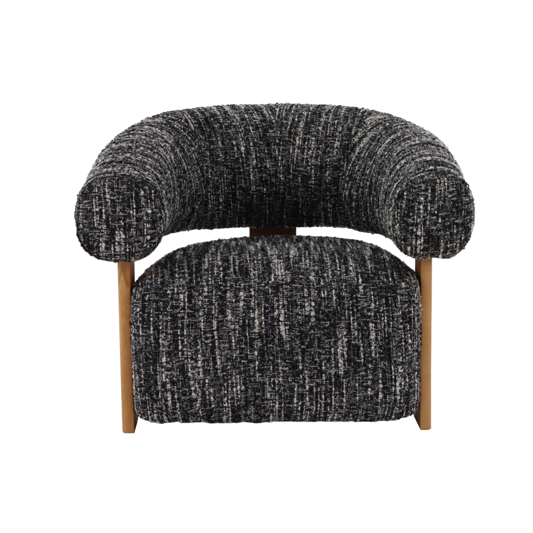 Modern black-and-white fabric armchair with oak wood base and matte finish