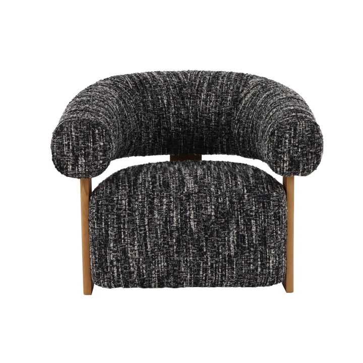 Modern black-and-white fabric armchair with oak wood base and matte finish
