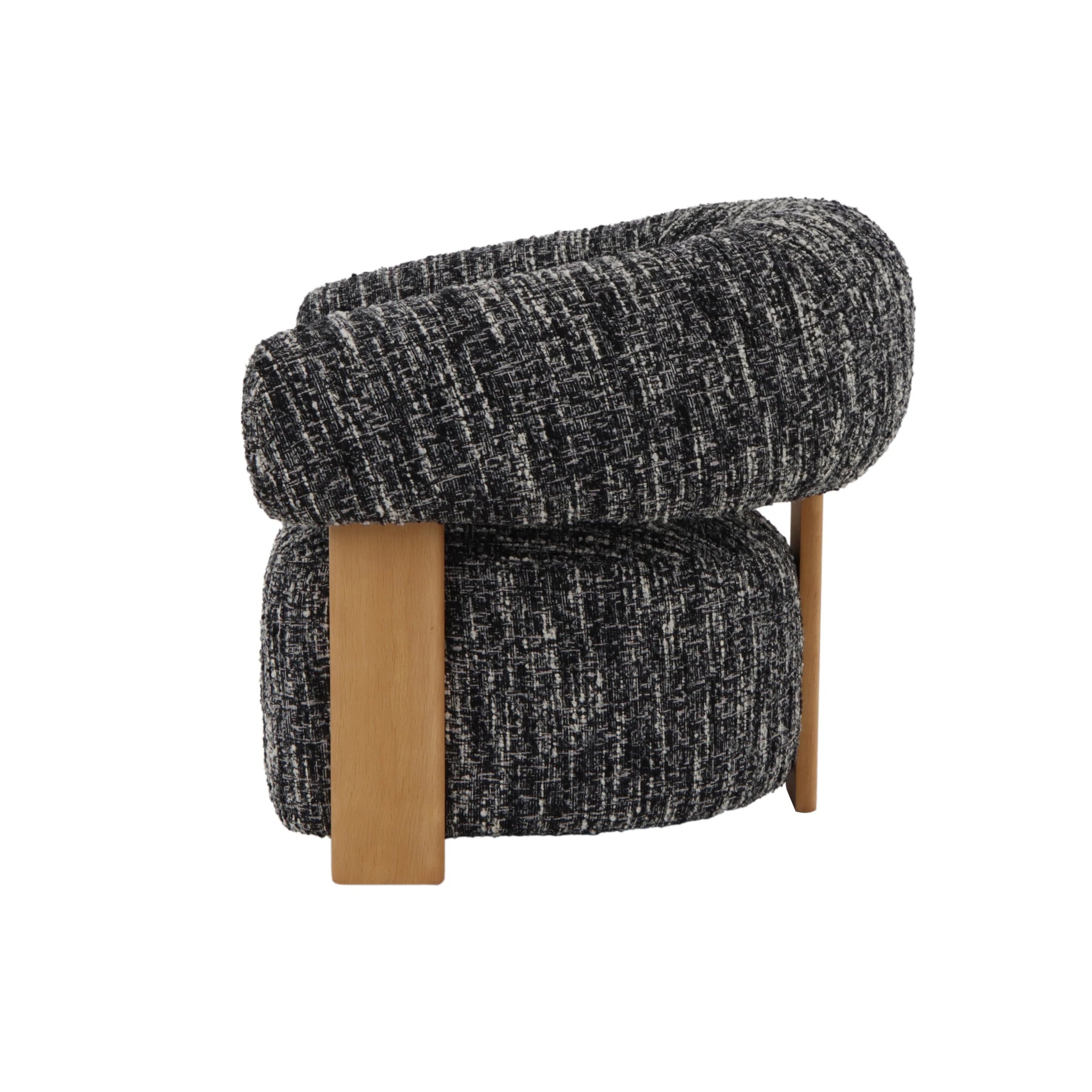 Contemporary black upholstered lounge chair with oak legs and sculptural silhouette