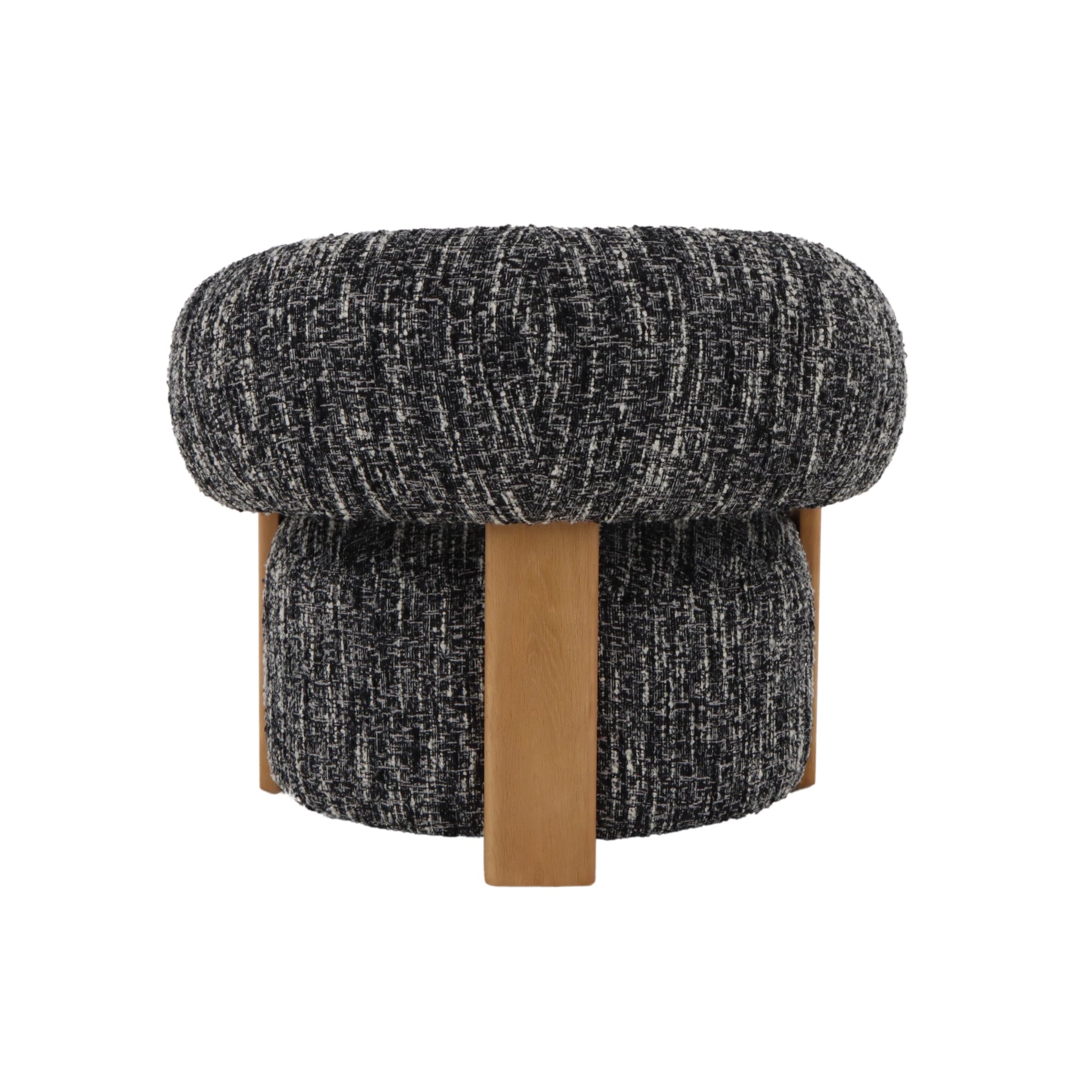 Nature – Black Fabric Armchair with Oak Legs front view focusing on rounded silhouette and textured black-and-white fabric on natural oakwood legs