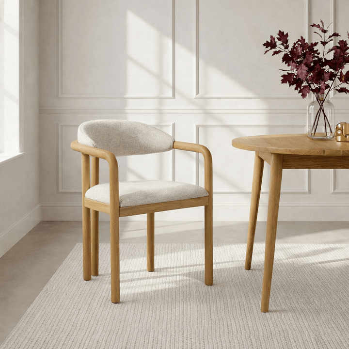Nature – Designer Oak Hardwood Chair with curved solid oak frame and upholstered seat in a light, natural Scandinavian-inspired dining room, gallery 1