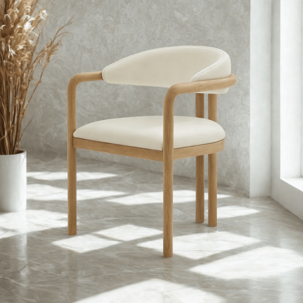 Nature Oak Dining Chair front view showing rounded beige leather backrest, upholstered seat, and solid oak armrest frame