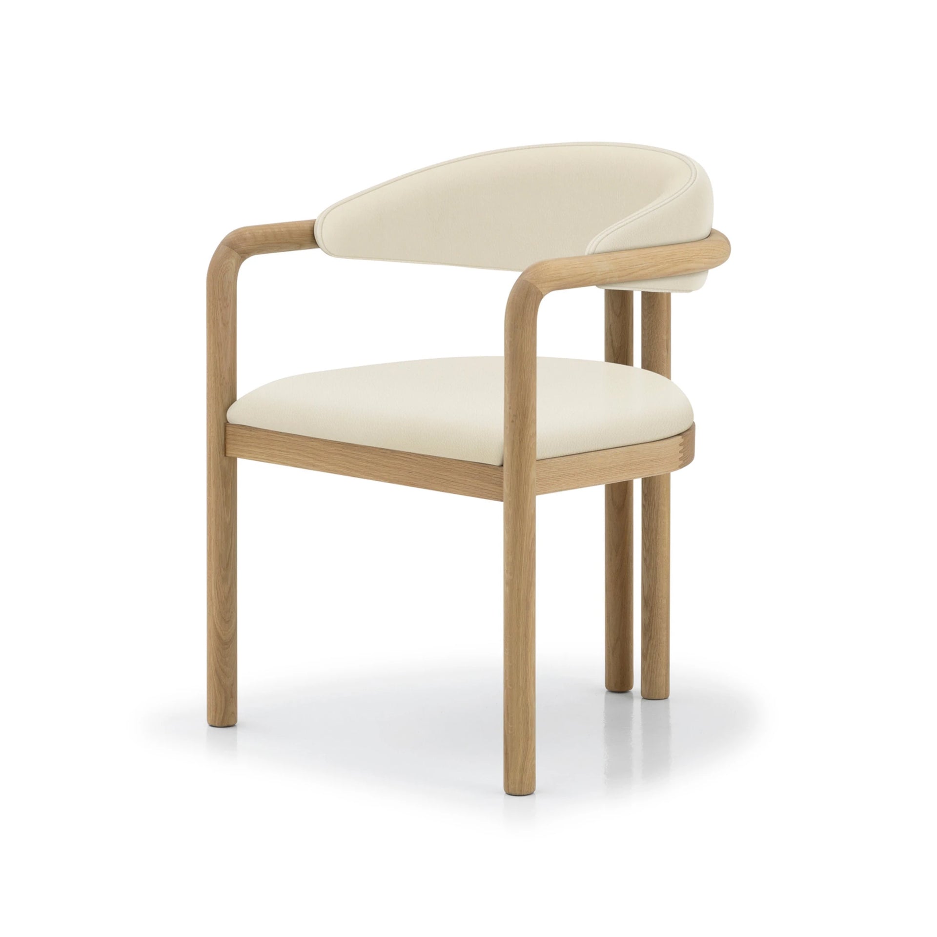 Nature Oak Dining Chair angled three-quarter view showing curved oak armrests, beige leather seat and backrest, and four legs