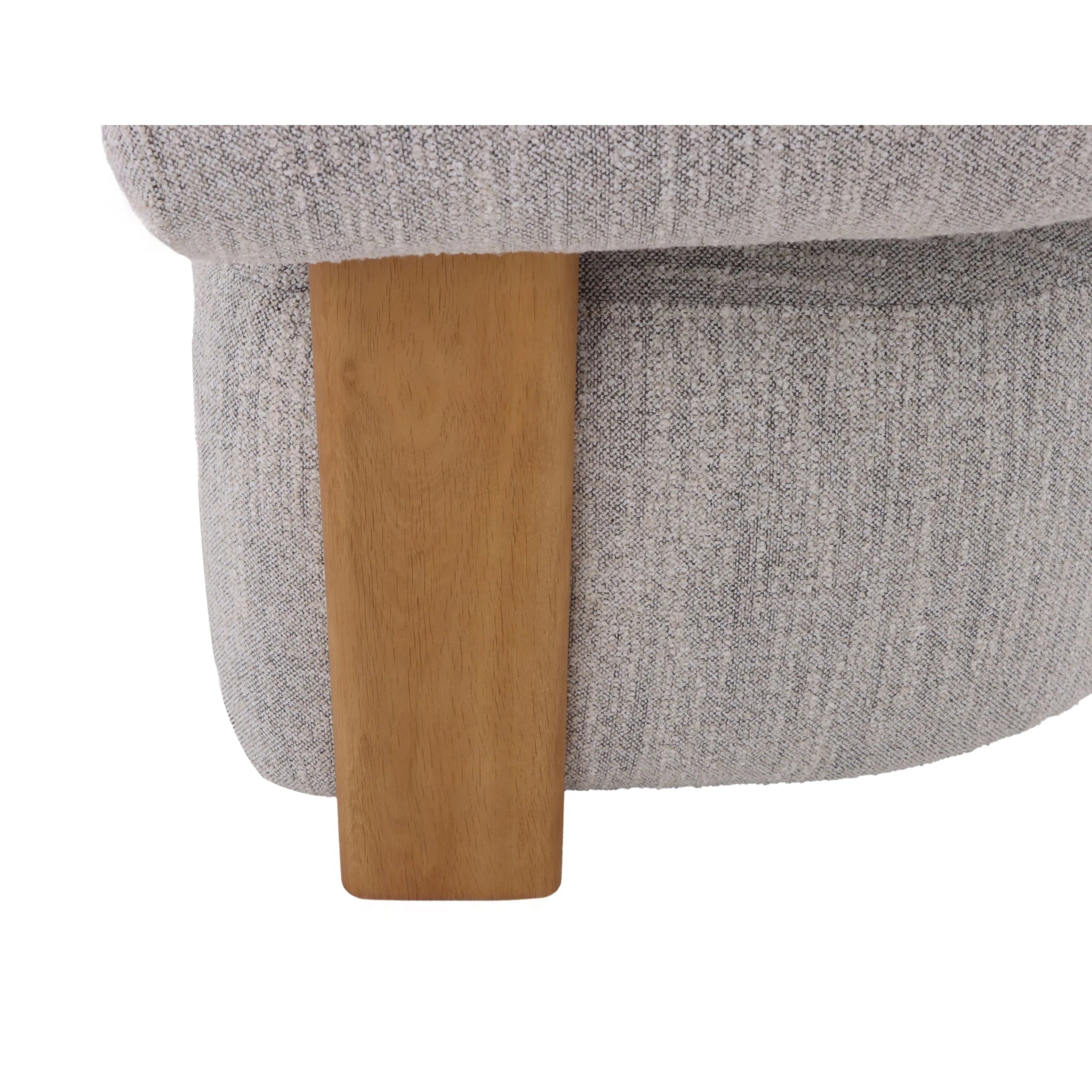Nature – Light Grey Fabric Armchair with Oak Legs close-up on straight natural oak leg and light grey Leigh fabric, gallery position 1, Tugitool-Nature-Leigh-Helehall-8.webp
