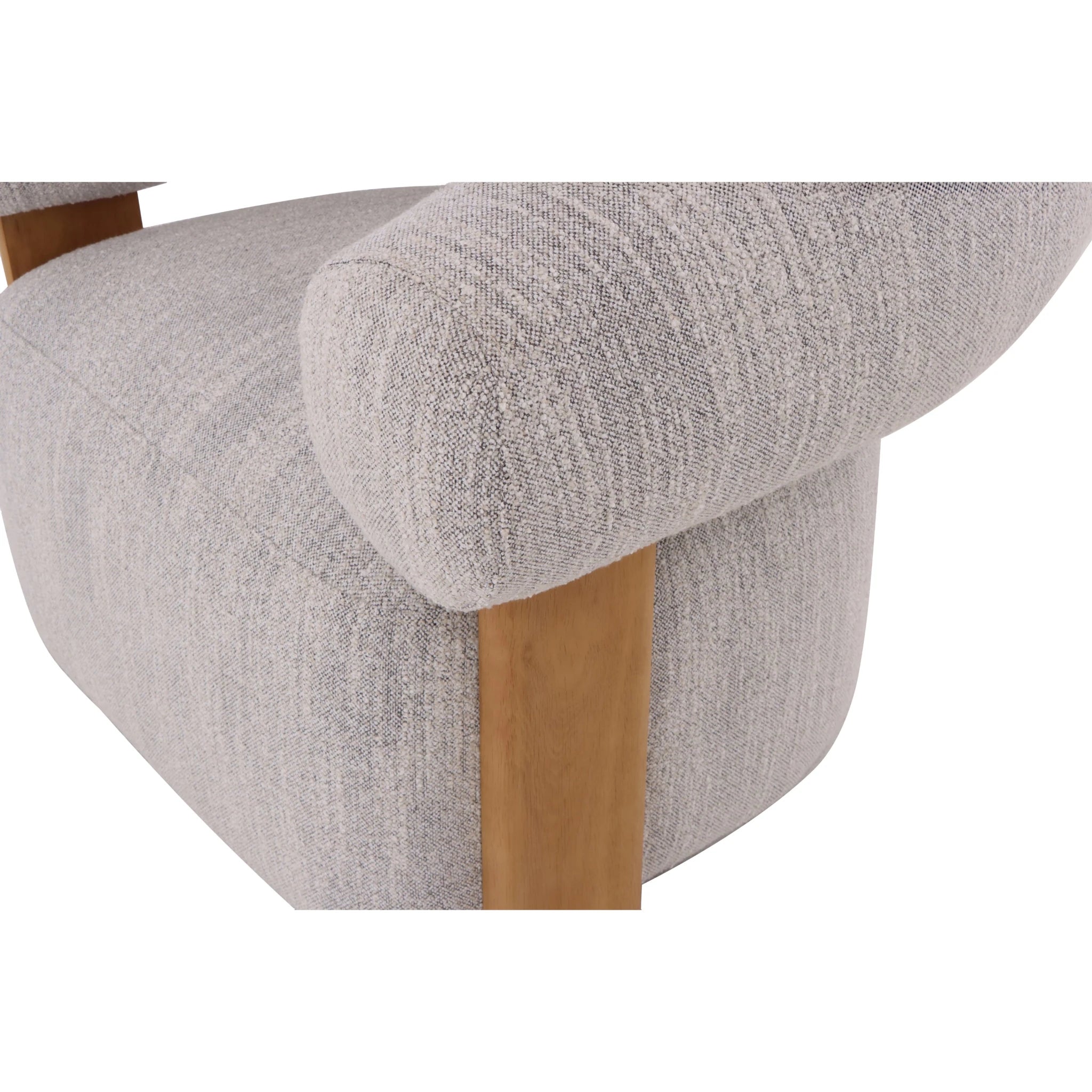 Nature – Light Grey Fabric Armchair with Oak Legs close-up on curved armrest and light grey Leigh fabric texture, gallery position 1, Tugitool-Nature-Leigh-Helehall-7.webp