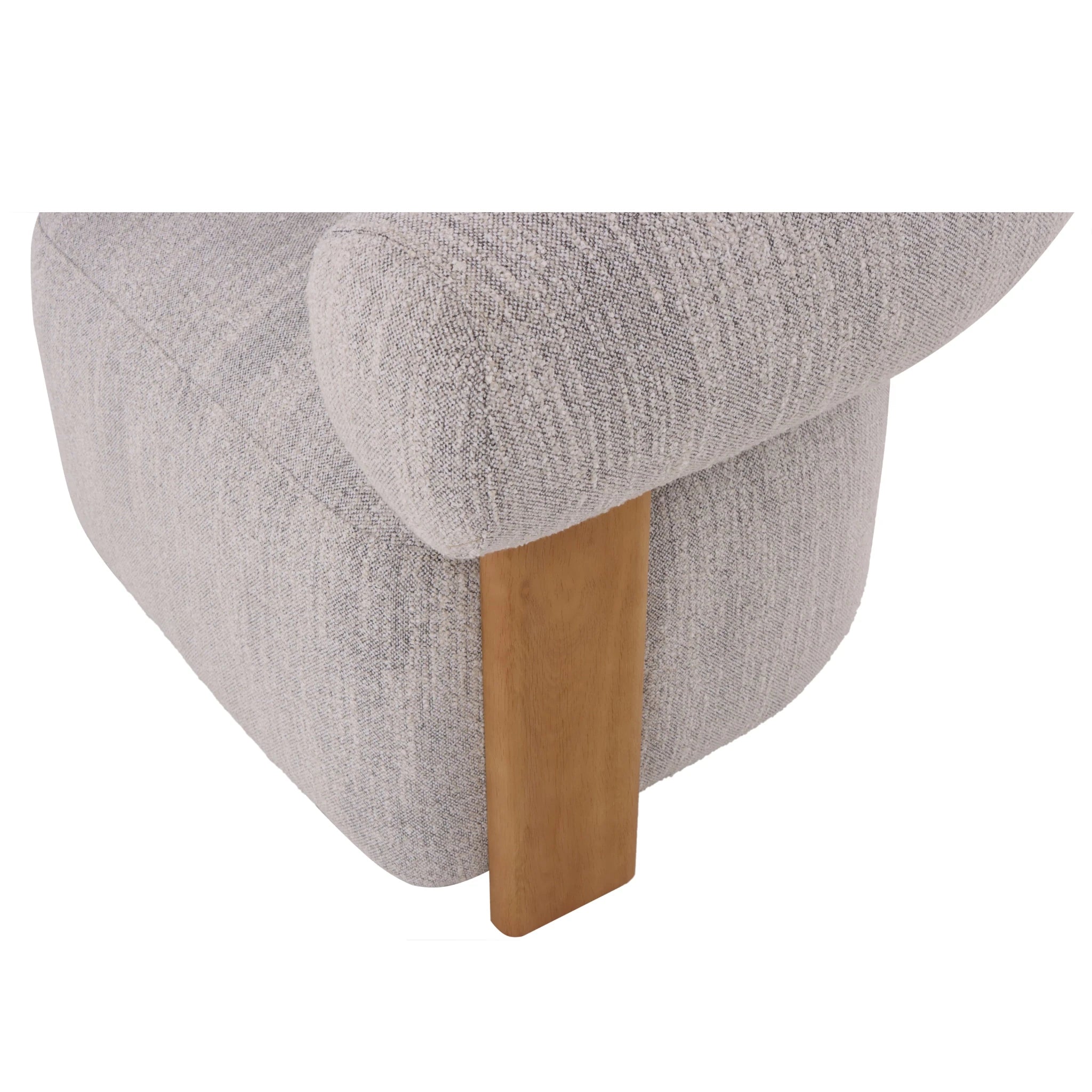 Nature – Light Grey Fabric Armchair with Oak Legs close-up on upright oak leg and textured light grey Leigh fabric, gallery position 1, Tugitool-Nature-Leigh-Helehall-6.webp