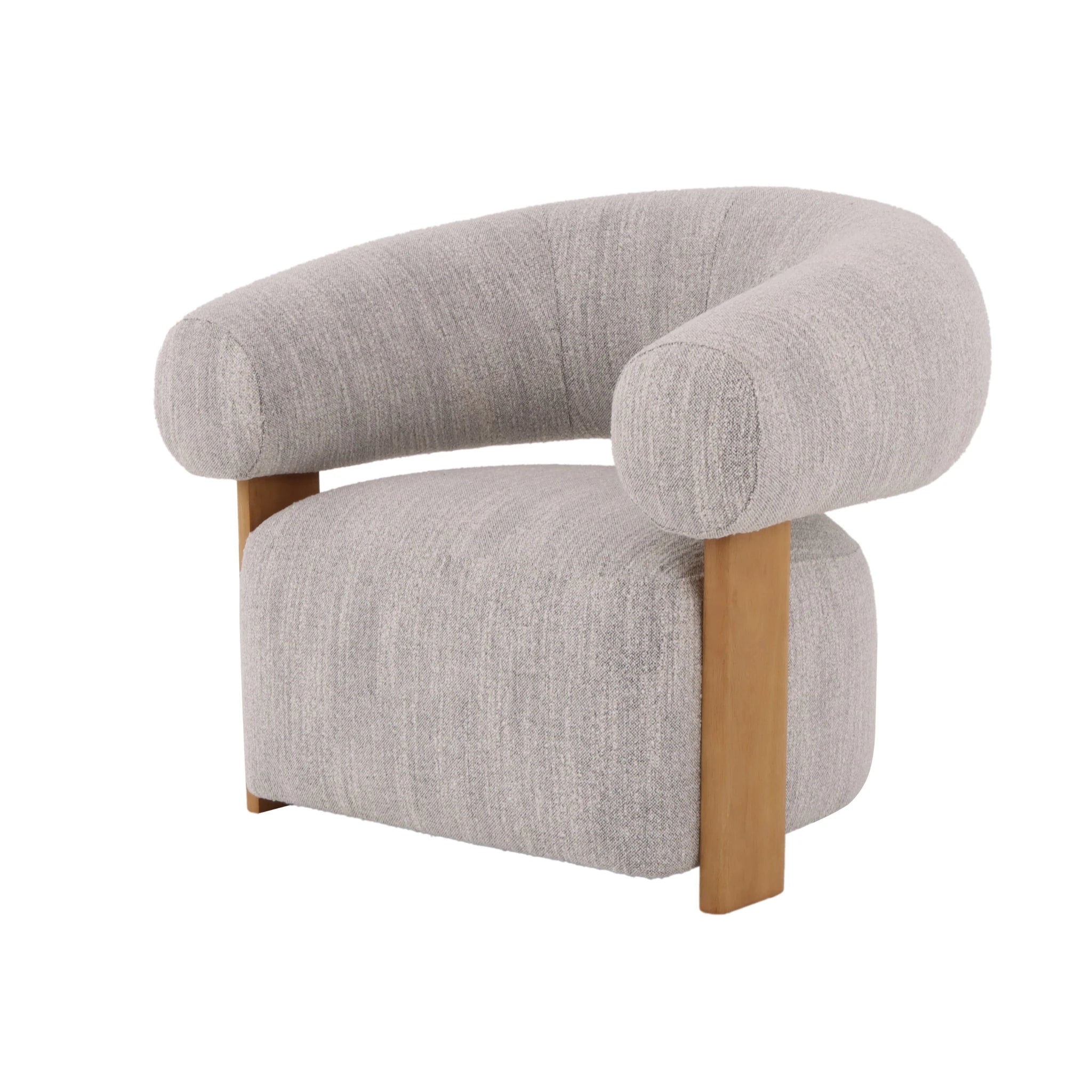 Nature light grey fabric armchair with solid oak legs and rounded silhouette