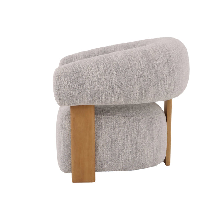 Contemporary grey fabric lounge chair with natural oak legs and soft curves