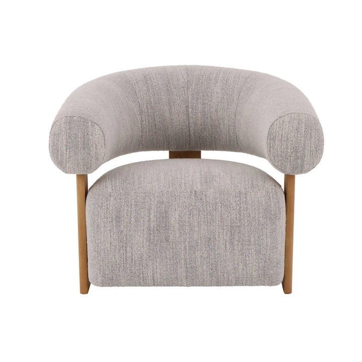 Modern light grey upholstered armchair with oak wood base and matte finish