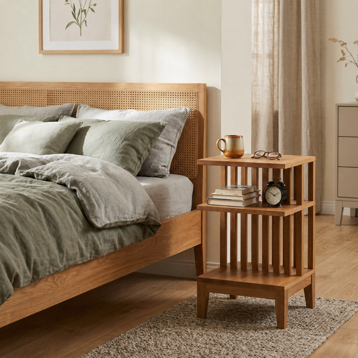 Bedroom lifestyle - Celine solid oak nightstand with vertical slat sides and three open shelves, styled beside bed