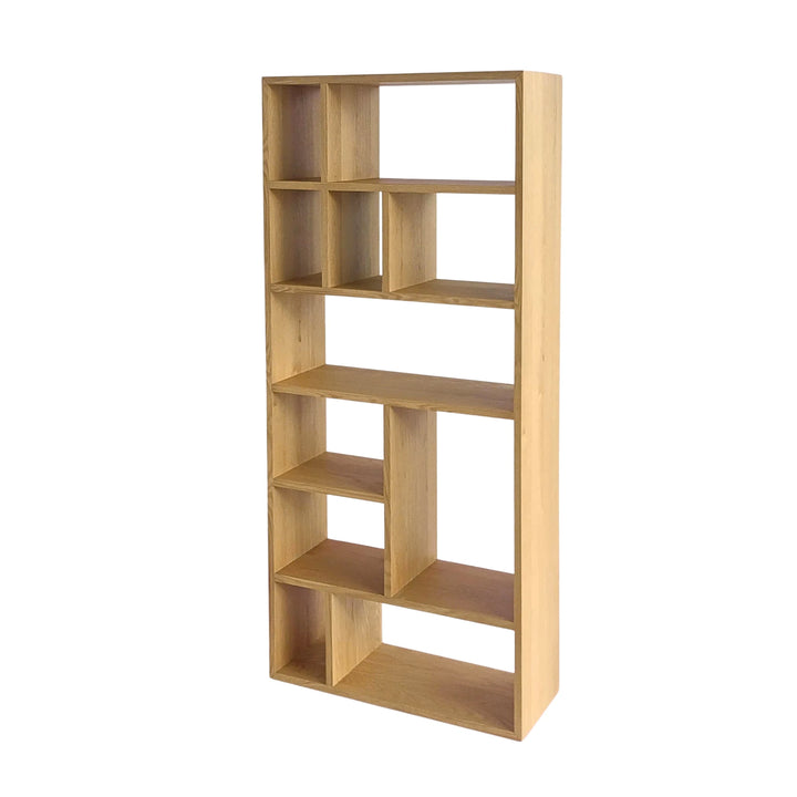Oak Bookshelf Bergen with asymmetrical open compartments in natural oak wood and minimalist Scandinavian solid wood design, gallery position 1.