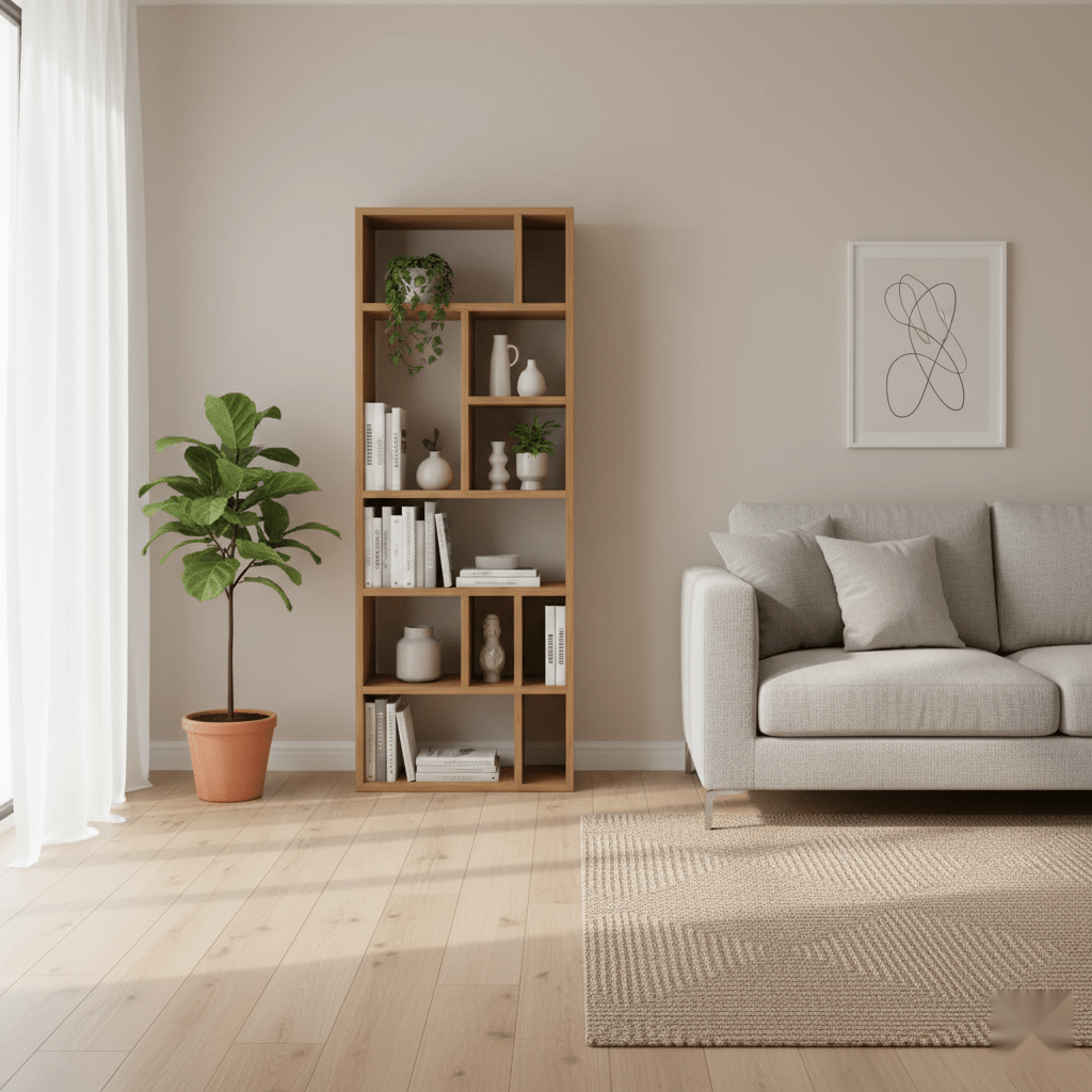 Bergen oak bookshelf with multiple open shelves and minimalist straight-line design