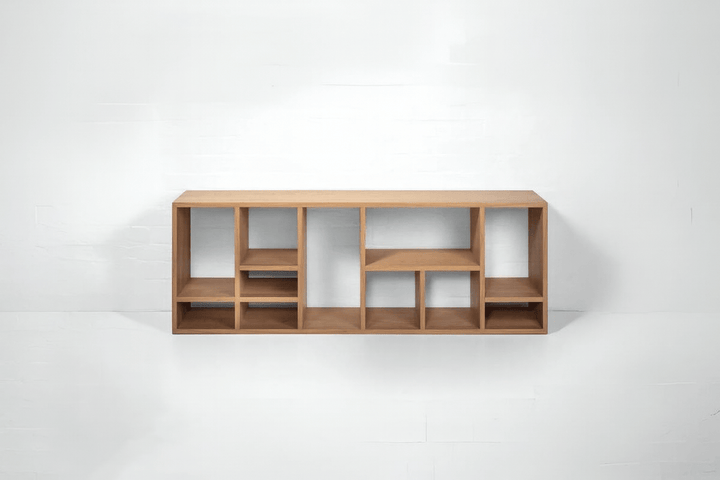 Oak Bookshelf Bergen with open modular compartments in natural oak and minimalist Scandinavian solid wood design, gallery position 1.