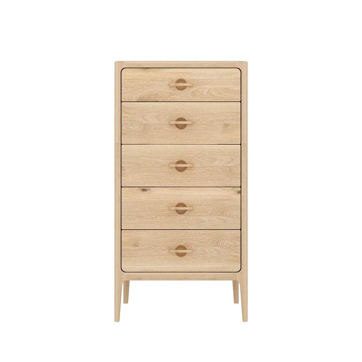 Oak Chest of Drawers Elin in natural solid oak with five drawers and matte lacquer finish, minimalist Scandinavian style, gallery position 1, Kummut-Elin-5-Matt-lakk.webp