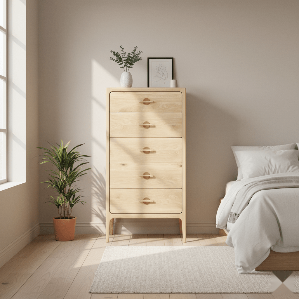 Elin 5-Drawer Oak Chest of Drawers styled in a bright minimalist bedroom with a potted palm plant, and white bedding