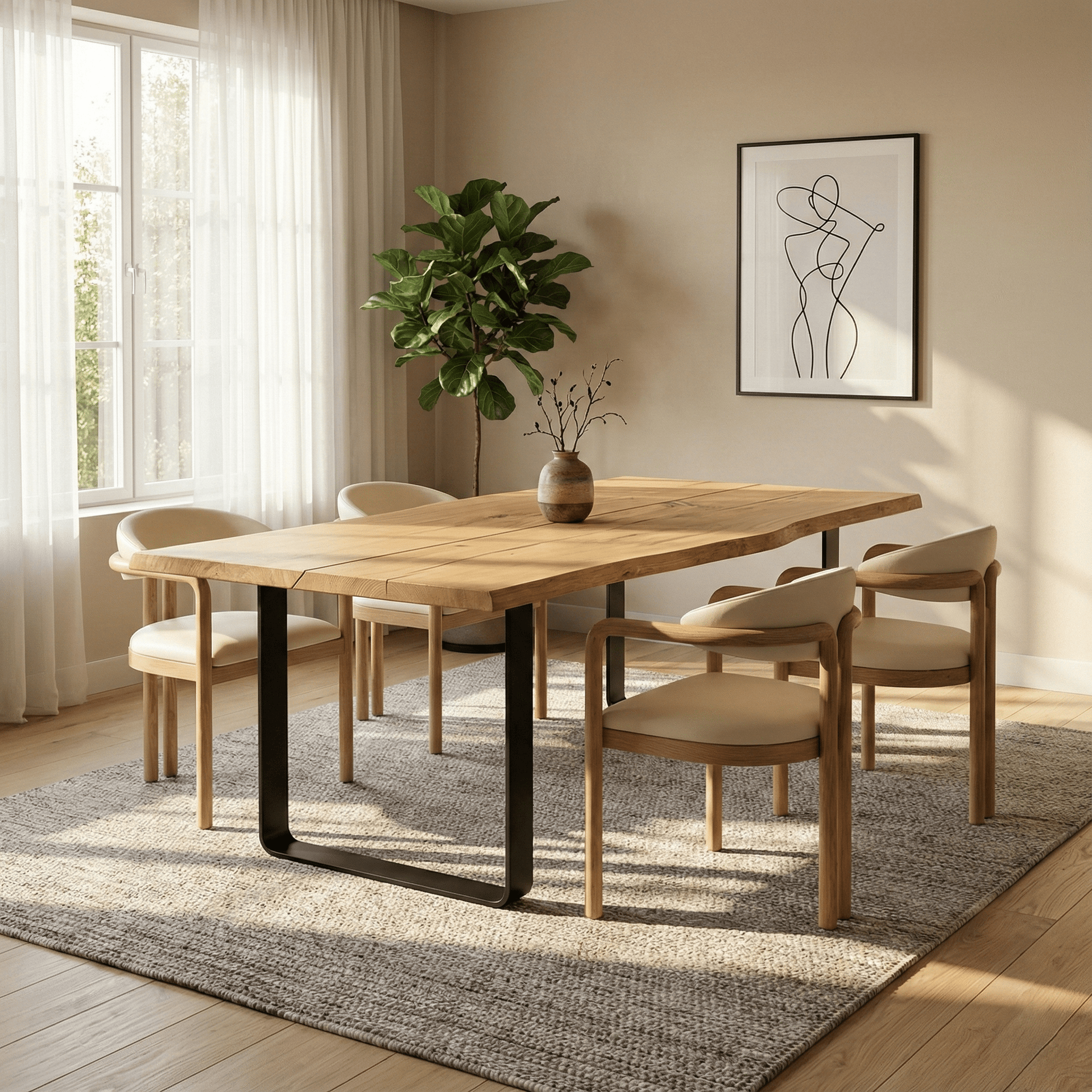 Oaken Dining Table – Handcrafted Solid Oak Hardwood with natural edge, metal legs, and minimalist design in bright dining room, gallery position 1.
