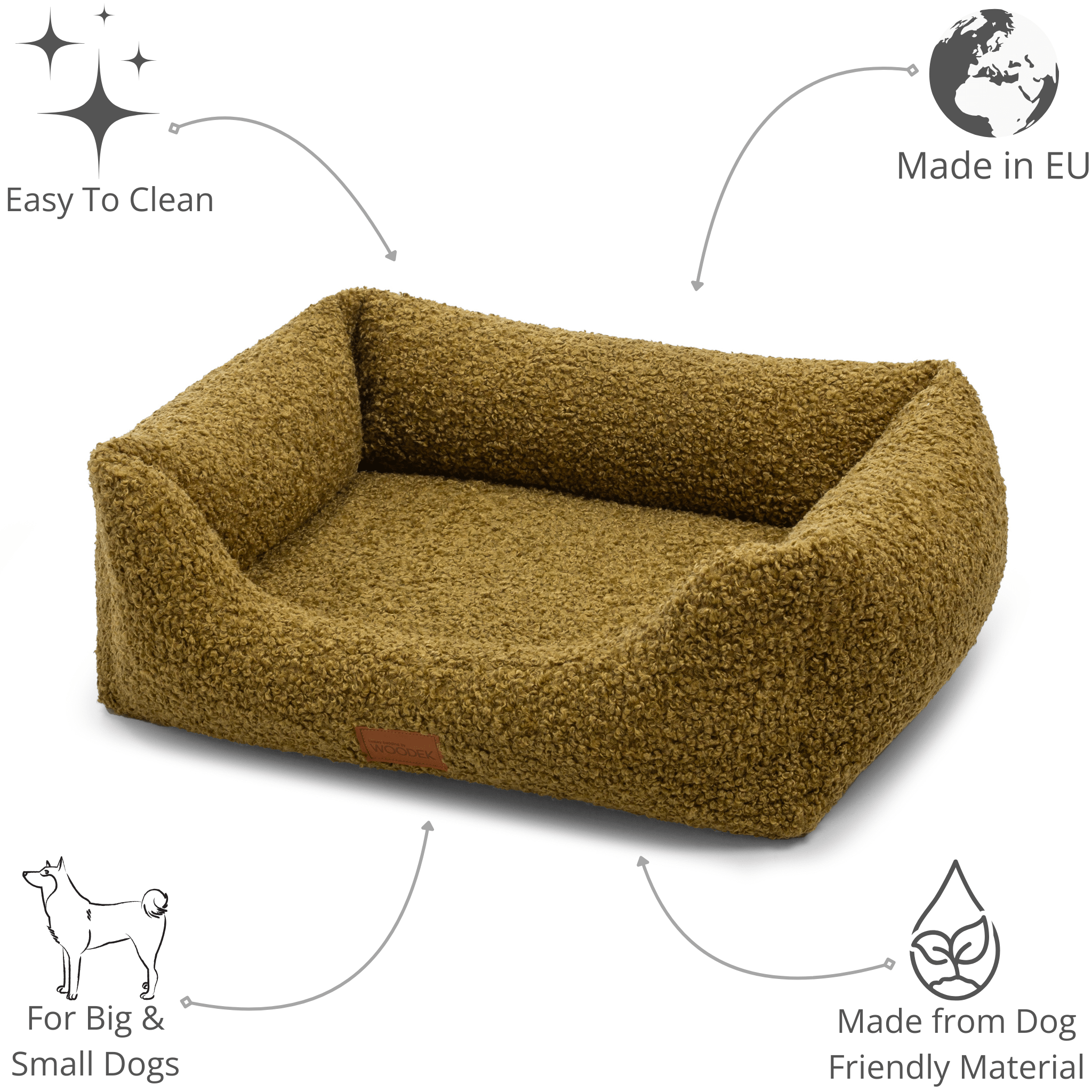 Luxurious orthopedic pet bed in an olive-green sherpa fabric, crafted for comfort and support for pets of all sizes.