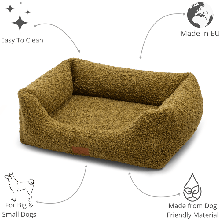 Luxurious orthopedic pet bed in an olive-green sherpa fabric, crafted for comfort and support for pets of all sizes.