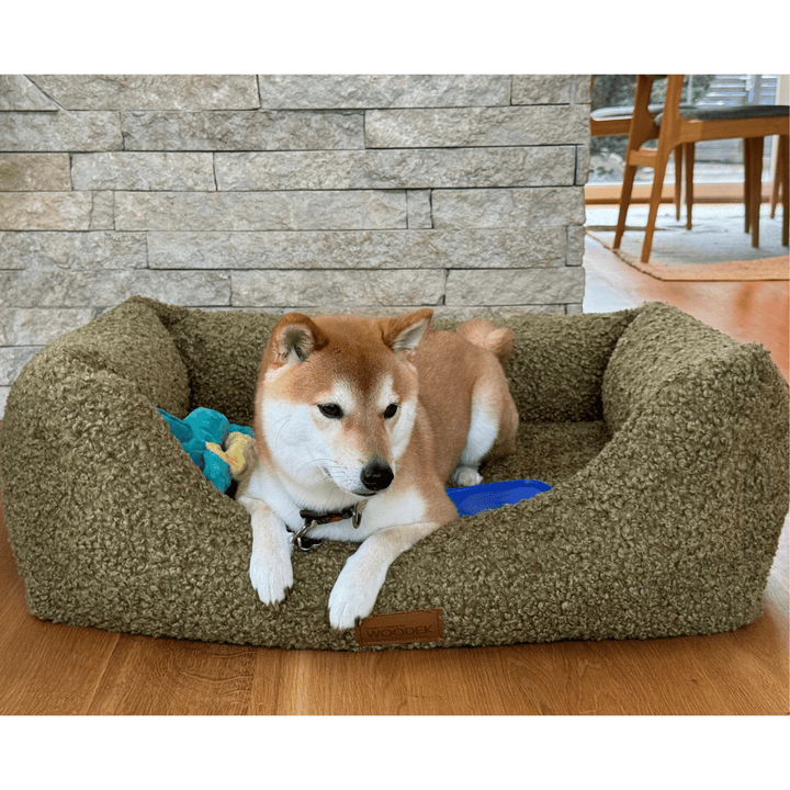 Green orthopedic dog bed with removable bouclé fabric cover and non-slip water-resistant base