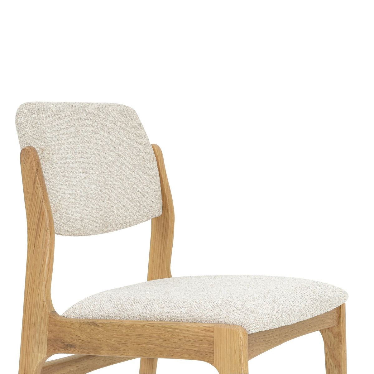 Oslo Dining Chair - Cobble 110 Fabric with natural solid oak frame and light textured beige upholstery, front angle
