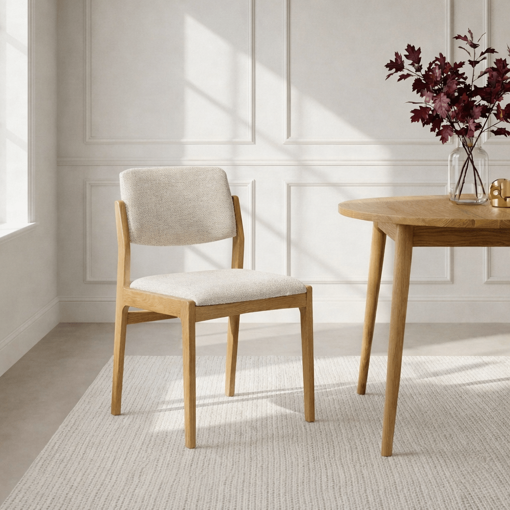 Oslo Dining Chair - Cobble 110 Fabric with solid oak frame and light beige fabric upholstery, positioned in minimalist dining room