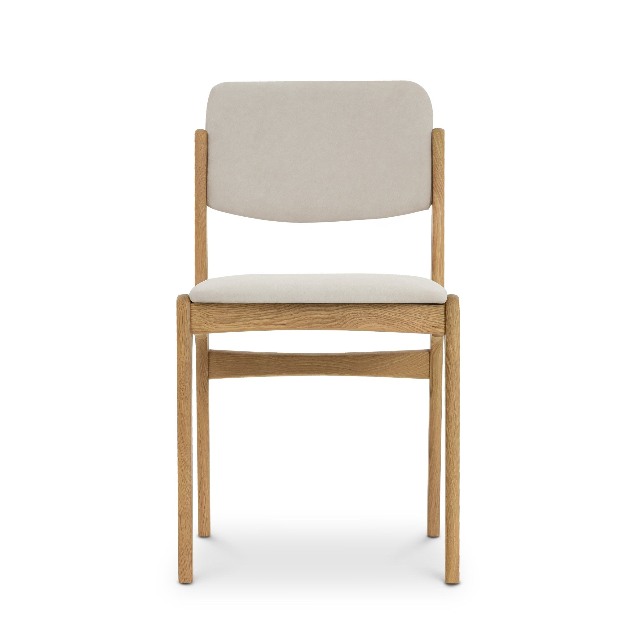 Oslo Dining Chair - Riley fabric with natural solid oak frame, cushioned seat and backrest, minimalist Scandinavian design, gallery position 1.