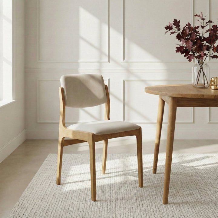 Oslo Dining Chair - Riley fabric with light natural oak frame, curved backrest, and cushioned seat, gallery position 1, file 1000244847.jpg