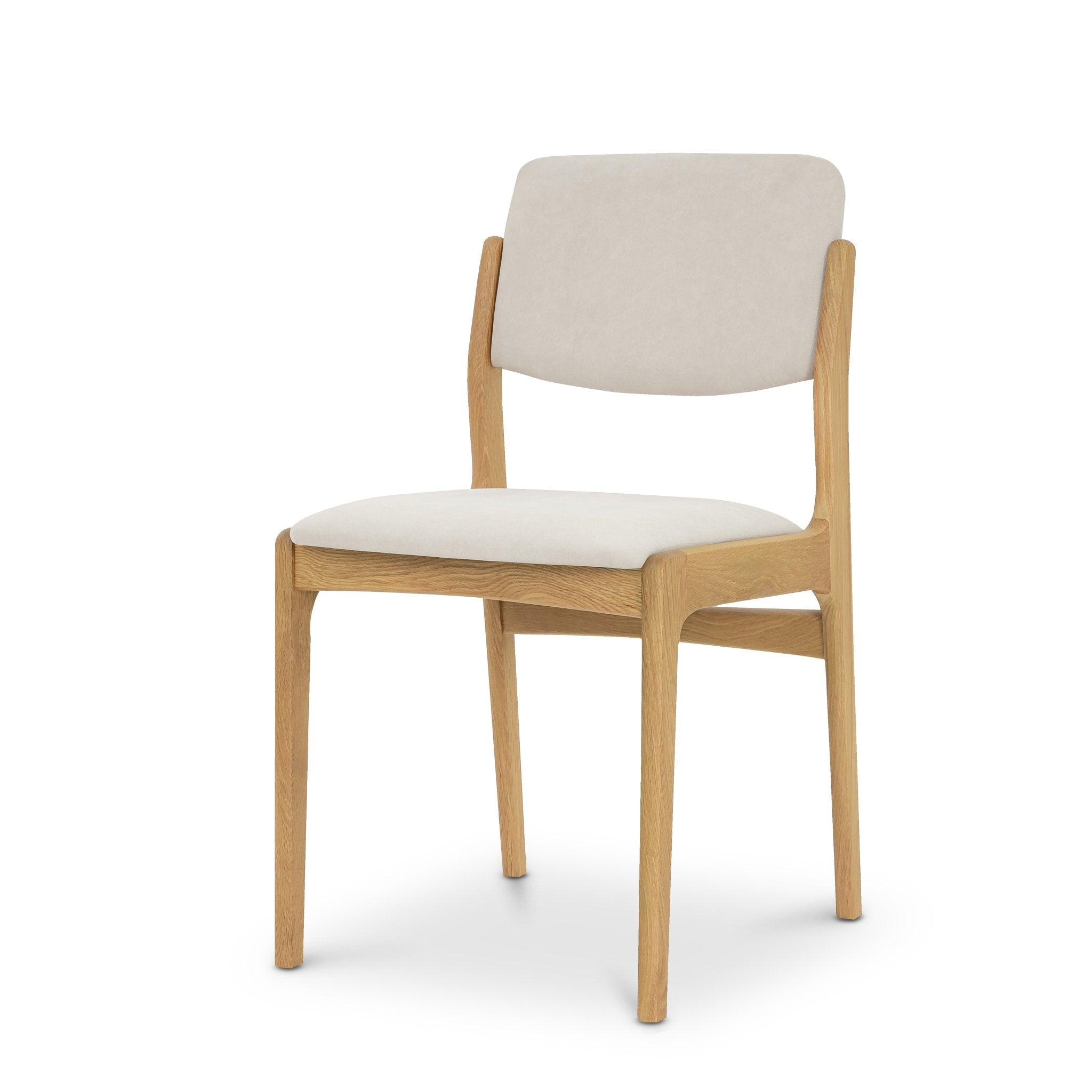 Oslo Dining Chair - Riley fabric with light natural oak frame, cushioned seat and backrest, minimalist Scandinavian design, gallery position 1.