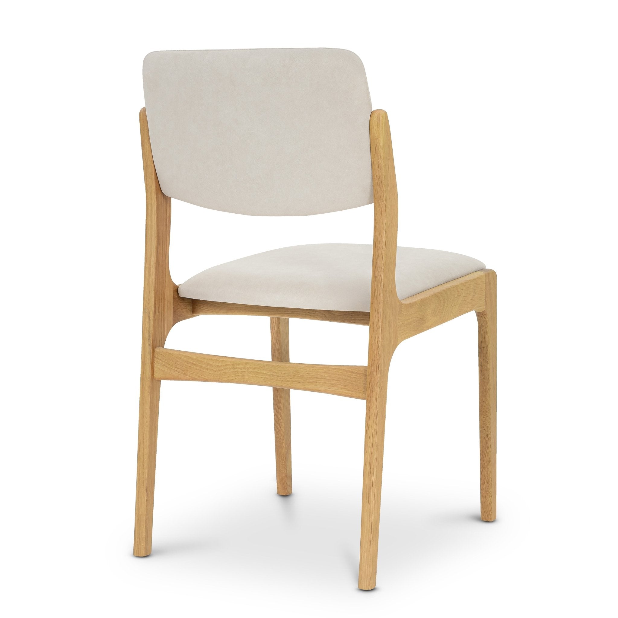 Oslo Dining Chair - Riley fabric with light natural solid oak frame, cushioned seat and backrest, minimalist Scandinavian design, gallery position 1.