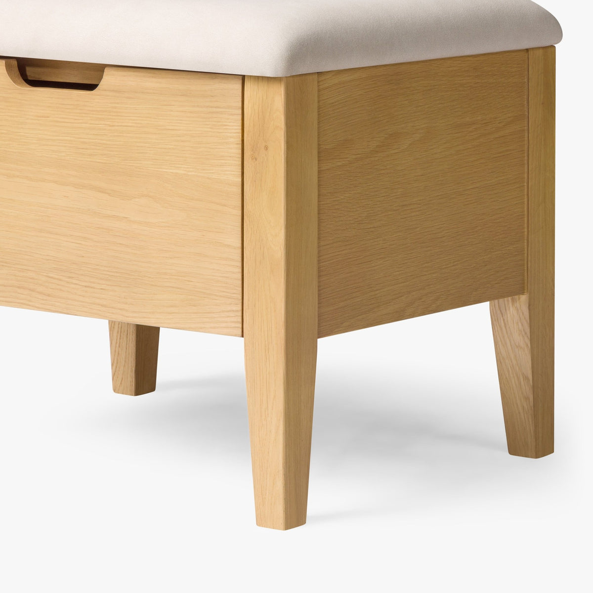 Oslo Oak Bench 21.7" – Beige Fabric close-up of natural oak legs and storage drawer, minimalist Scandinavian solid wood design