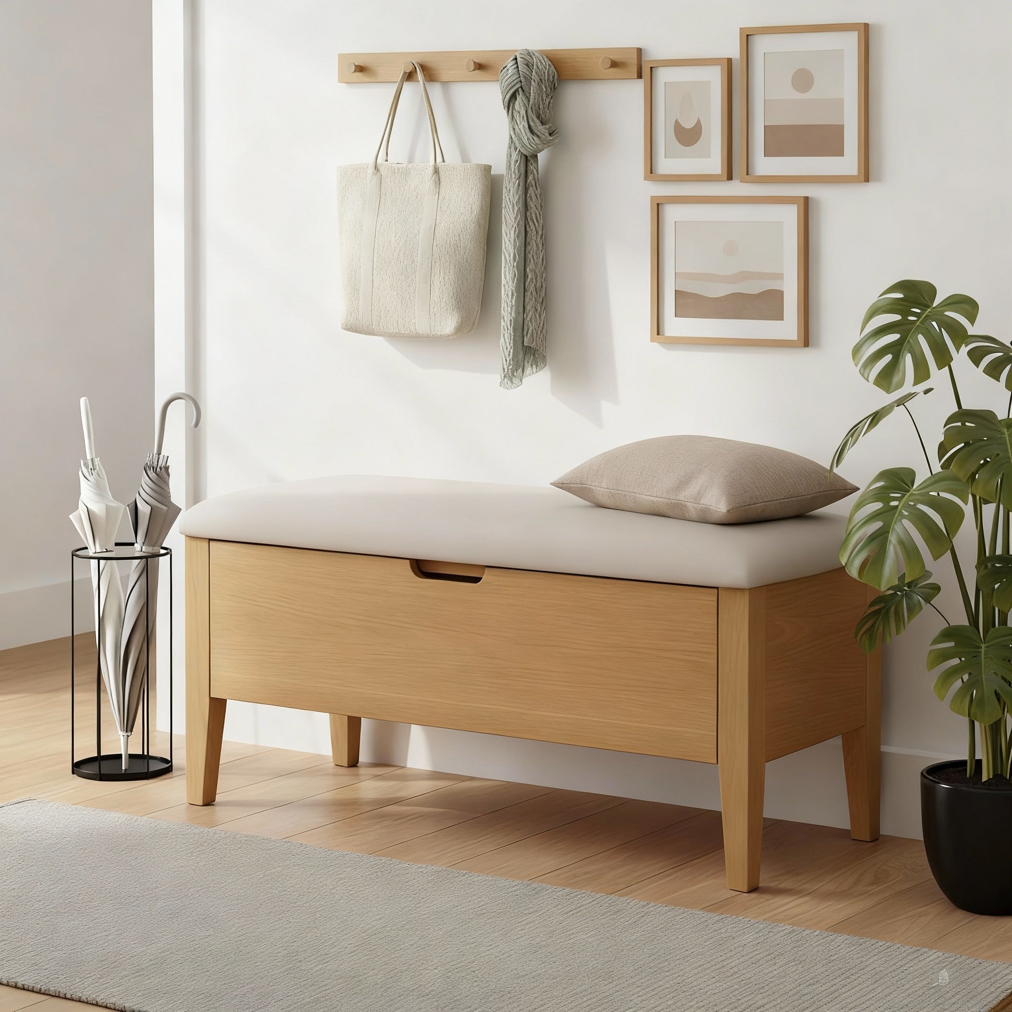 Oslo Oak Bench 35" – Beige Fabric with solid oak frame, upholstered beige seat, minimal Scandinavian design, gallery position 1 without logo