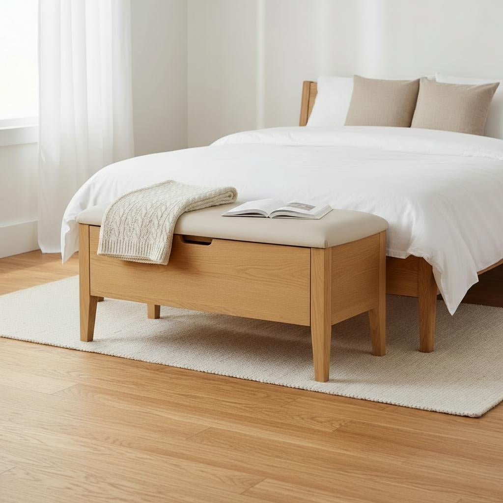 Oslo Oak Bench 35" – Beige Fabric with natural oak frame, upholstered beige leather seat, minimalist Scandinavian design