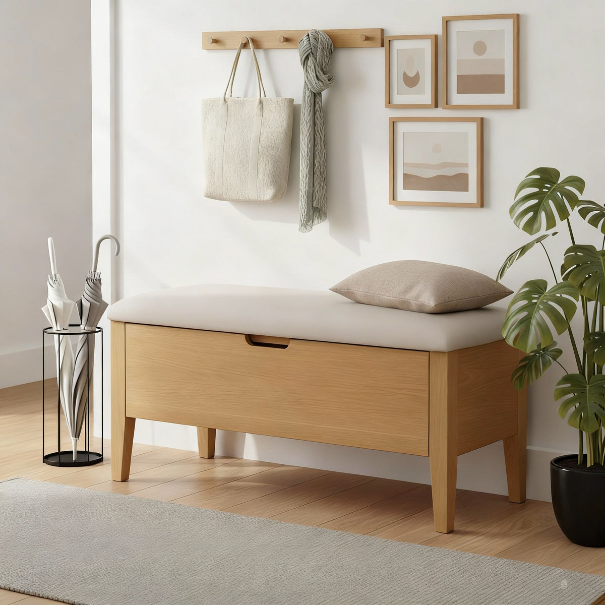 Oslo Oak Bench 35" – Beige Fabric with solid oak frame, upholstered beige seat, minimal Scandinavian design