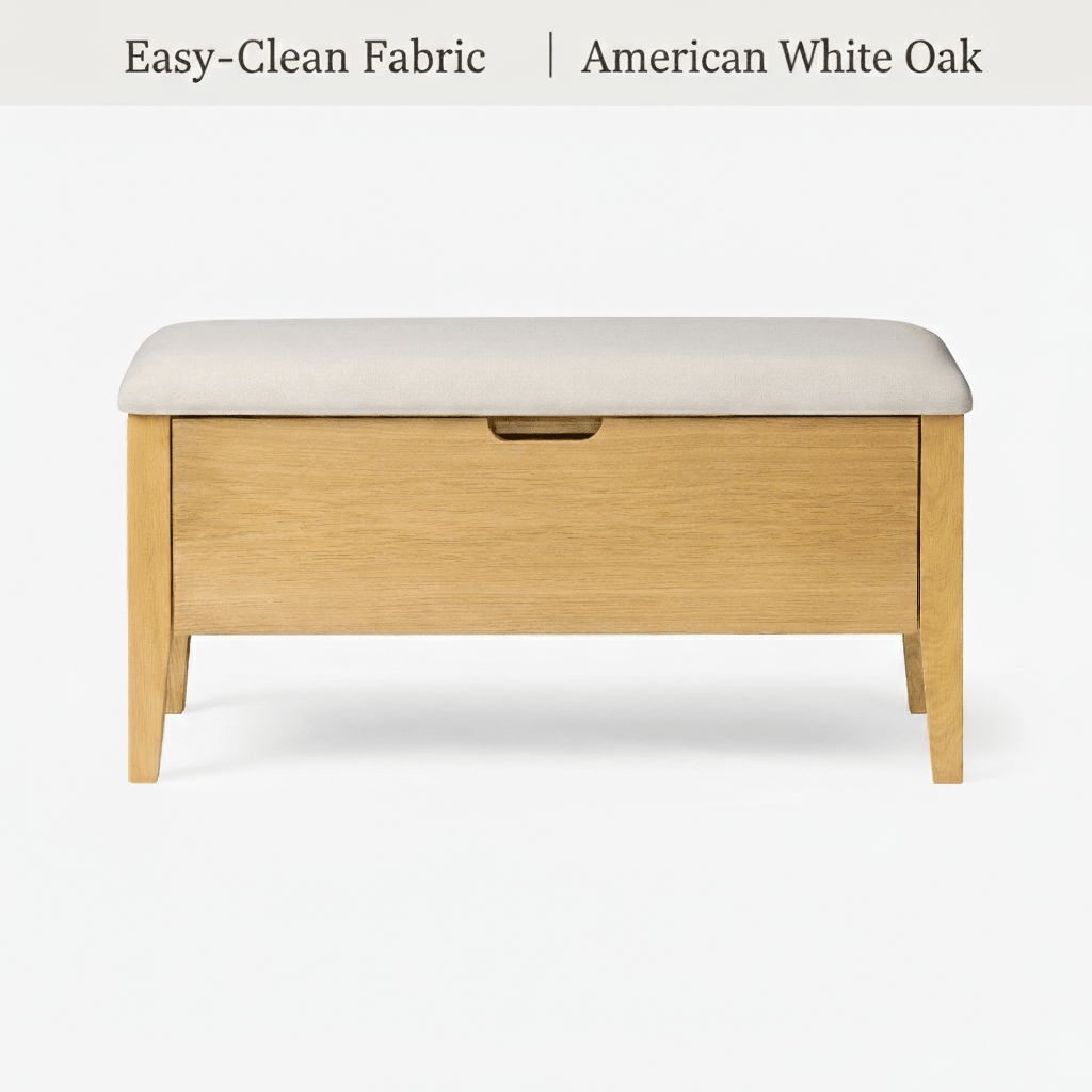 Oslo Oak Bench 35 – Beige Fabric with American white oak frame and easy-clean beige fabric seat, minimalist solid wood design
