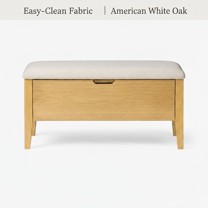 Oslo Oak Bench 35 – Beige Fabric with American white oak frame and easy-clean beige fabric seat, minimalist solid wood design