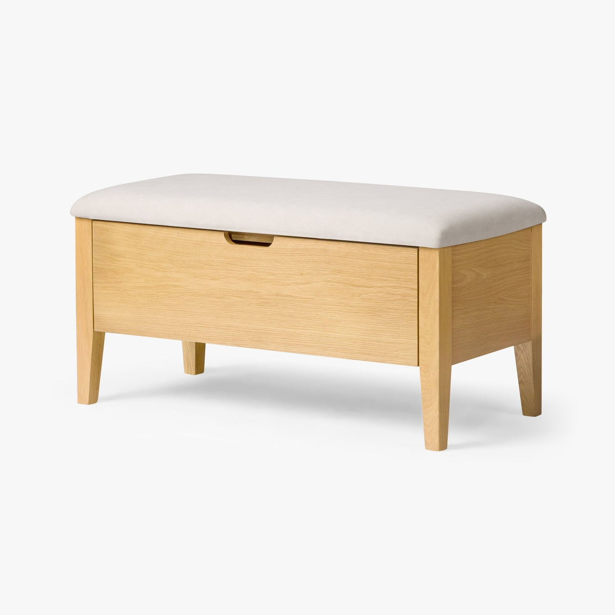 Oslo Oak Bench 35 – Beige Fabric with light natural oak storage base and cushioned beige fabric seat