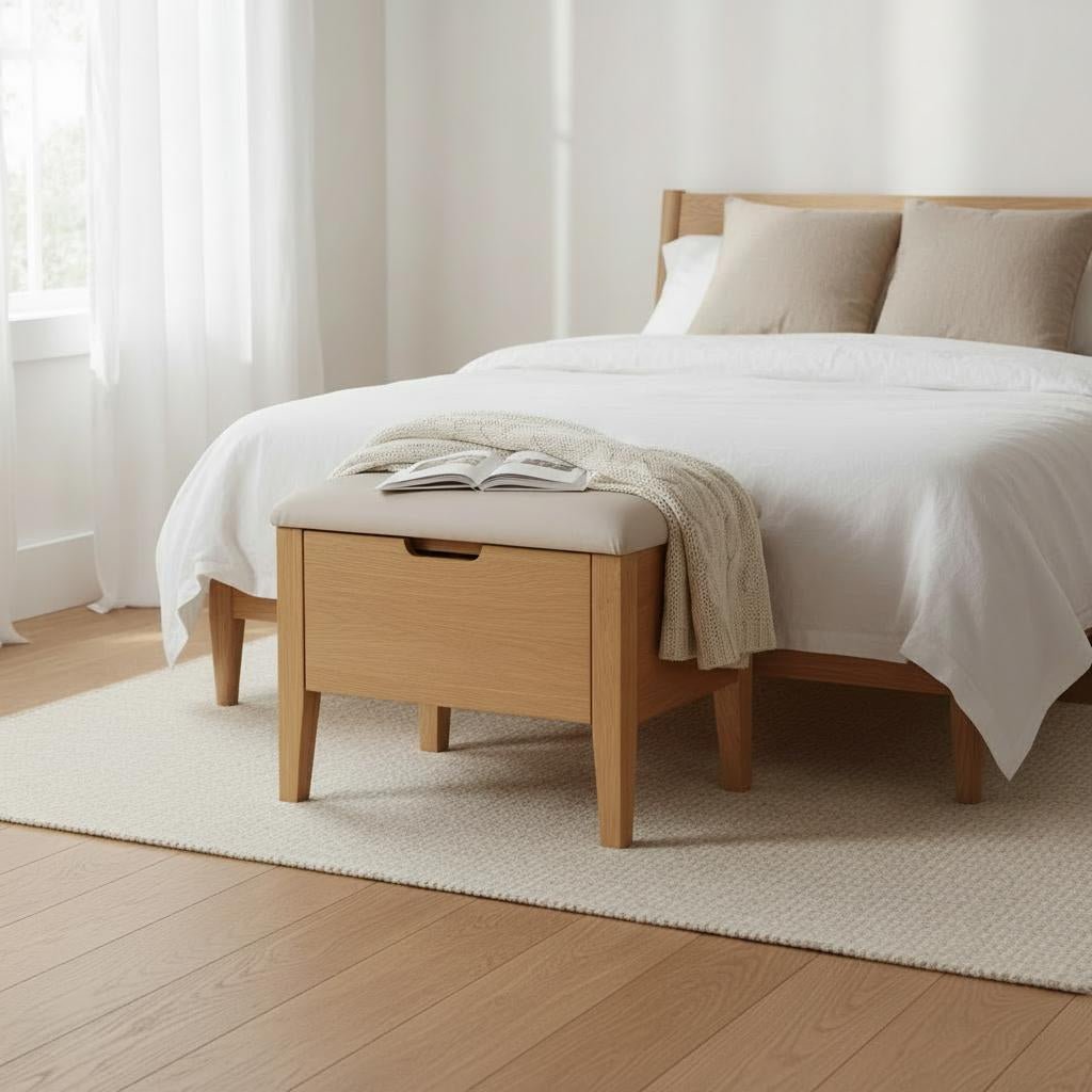 Oslo Oak Bench 21.7" – Beige Fabric with solid oak frame, cushioned beige leather seat, minimalist Scandinavian design