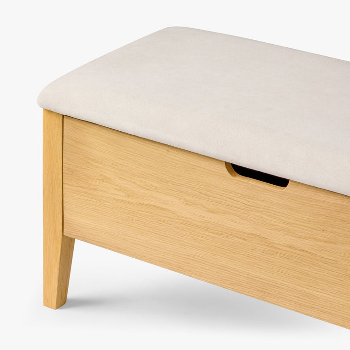Oslo Oak Bench 35 – Beige Fabric with natural oak storage base and cushioned beige leather seat, minimalist Scandinavian design