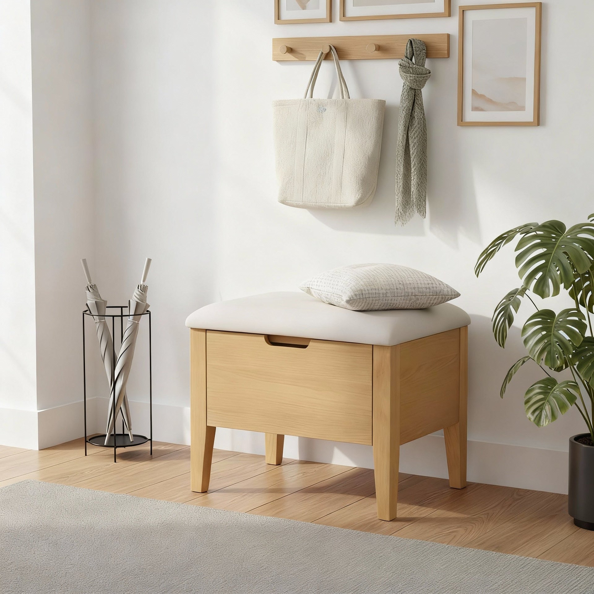 Oslo Oak Bench 21.7" – Beige Fabric with natural oak frame, cushioned beige leather seat, compact size for entryway