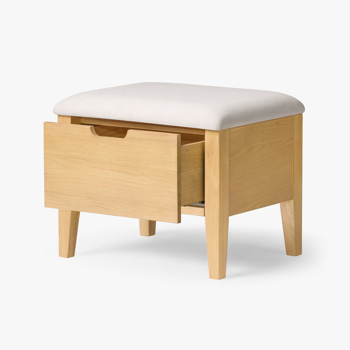 Oslo Oak Bench 21.7" – Beige Fabric with natural oak drawer storage, light beige cushioned seat, minimalist Scandinavian design