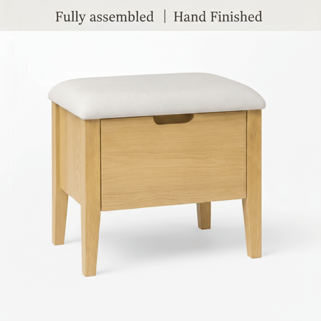 Oslo Oak Bench 21.7" – Beige Fabric with natural oak frame, cushioned seat, compact design 