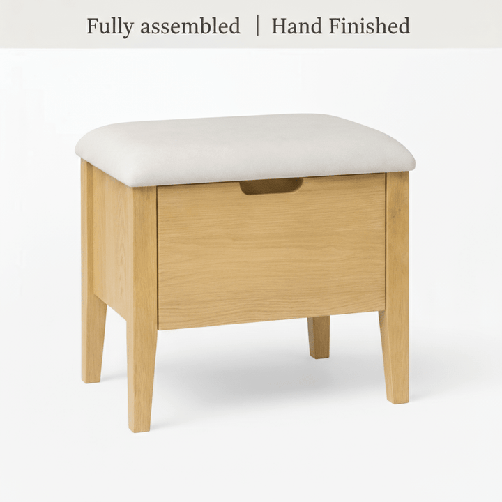 Oslo Oak Bench 21.7" – Beige Fabric with natural oak frame, cushioned seat, compact design 