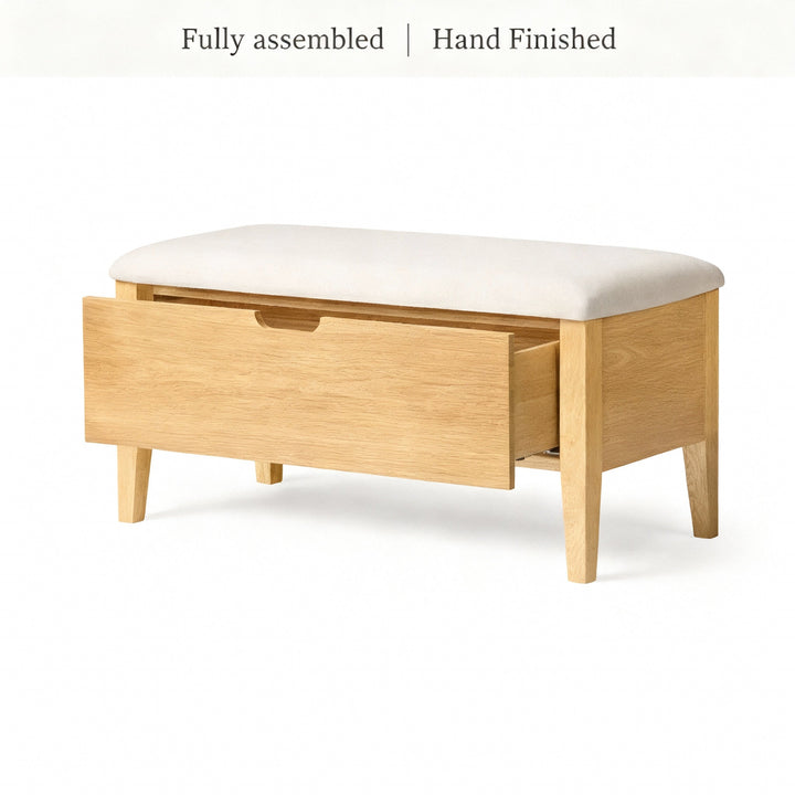 Oslo Oak Bench 35 – Beige Fabric with solid oak frame, cushioned beige seat, and integrated storage drawer