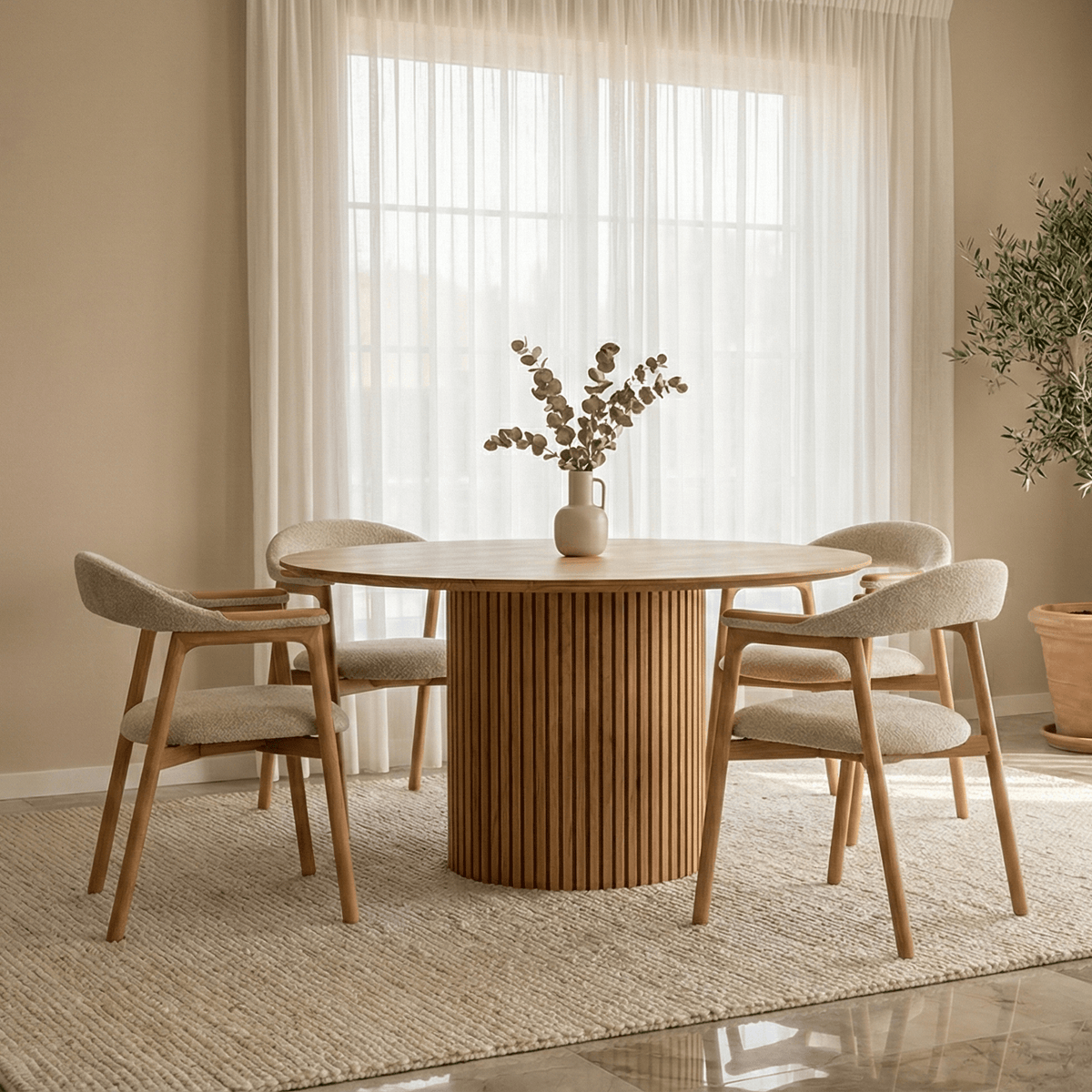 Oslo Round Dining Table - Real American Oak Wood with slatted cylindrical base in minimalist dining room, gallery position 1 updated_image04.png